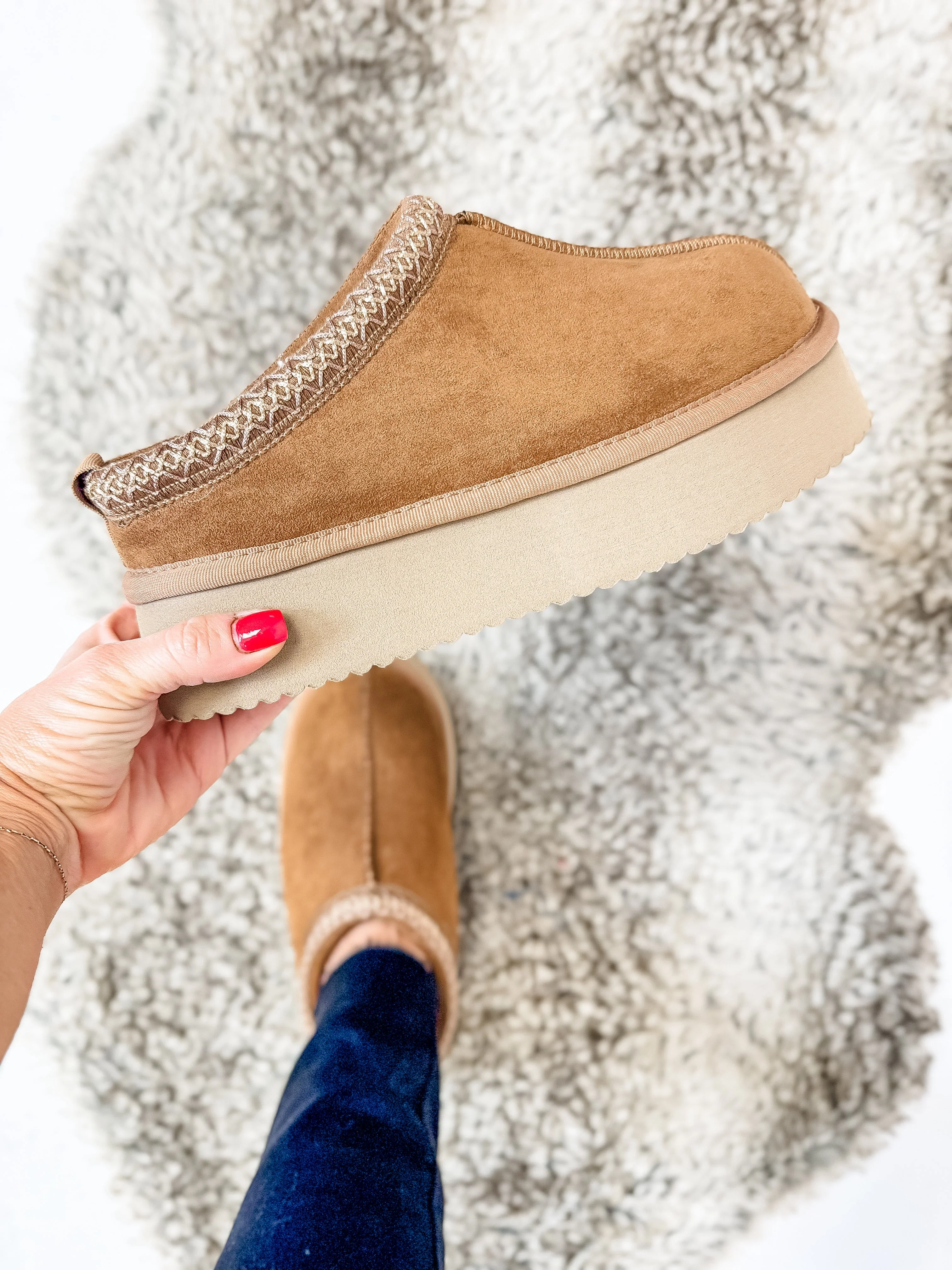Pillow Talk Platform Slide 鈥?Tobacco Faux Suede